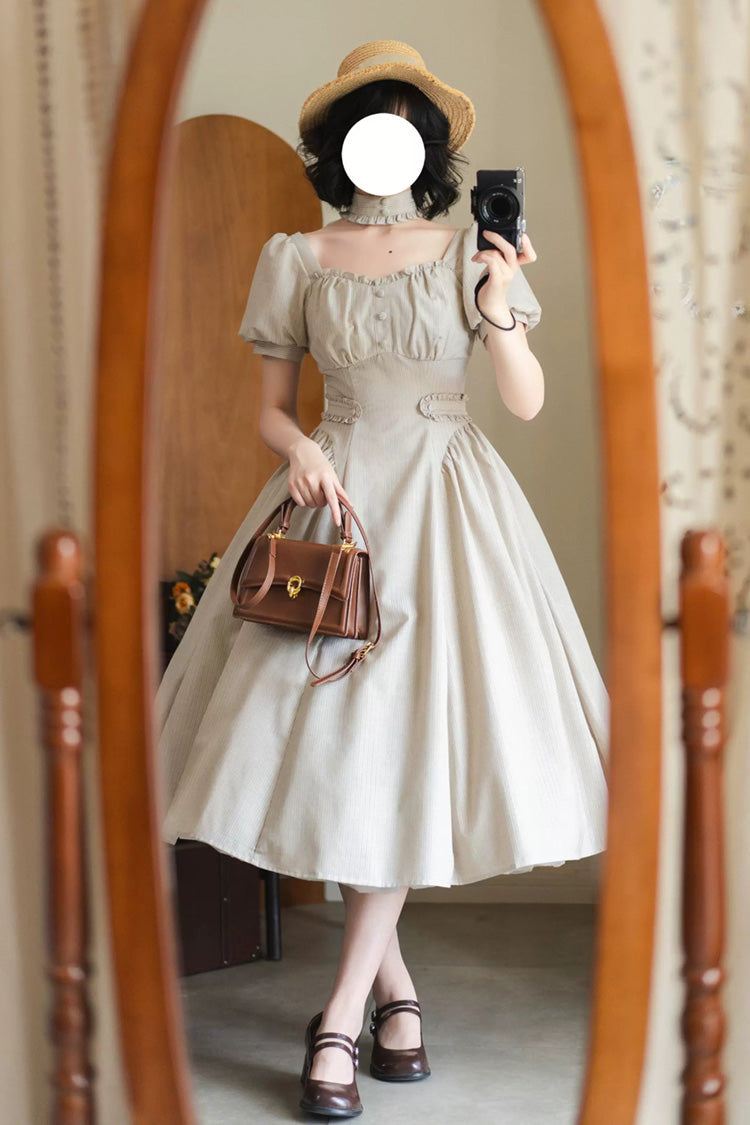 Khaki Square-Collar Ruffled Striped Vintage Dress