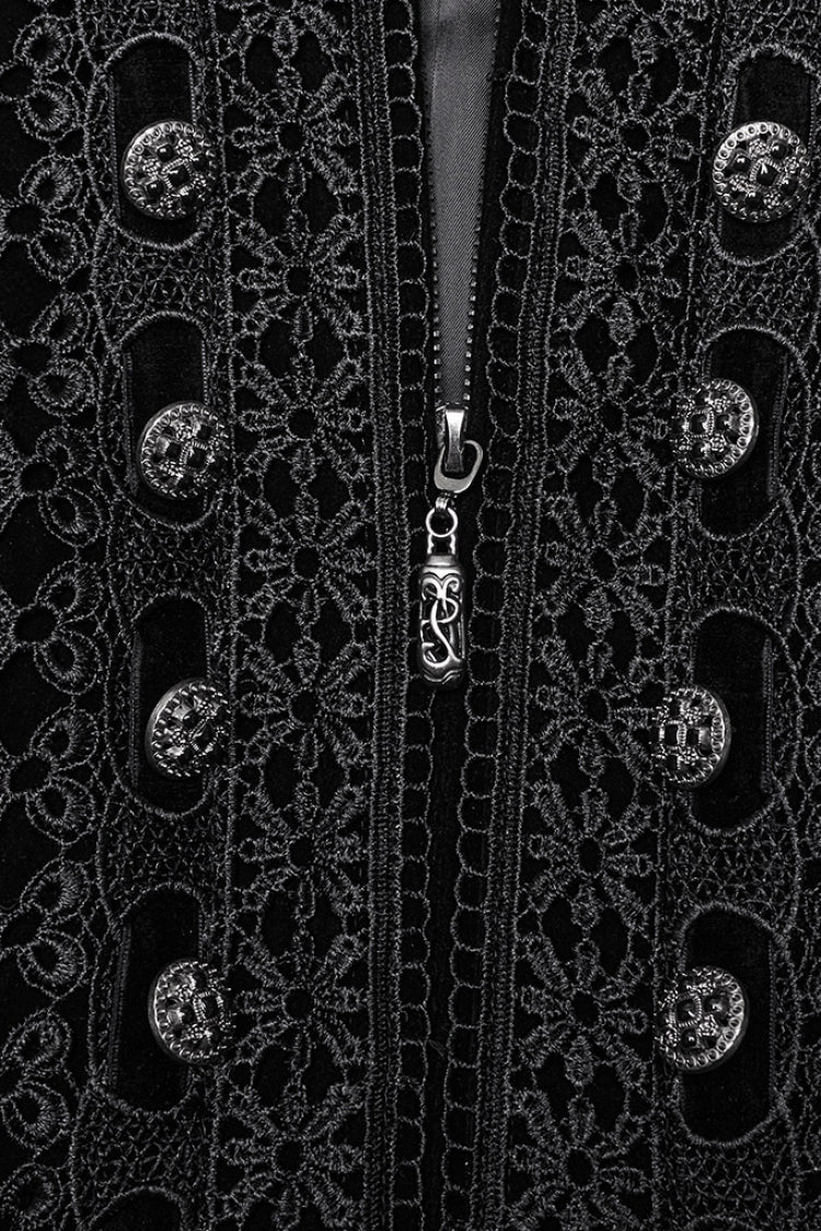 Jet-Black Gothic Coat with Puffed Sleeves and Floral Embroidery