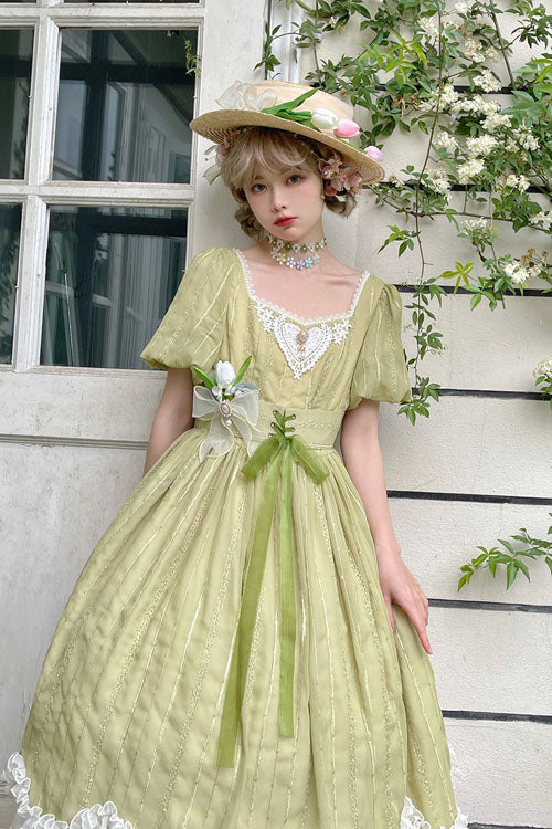 Green Square Collar Short Sleeve Multi-Layer Ruffled Classic Lolita OP Dress - Altfashion Shop