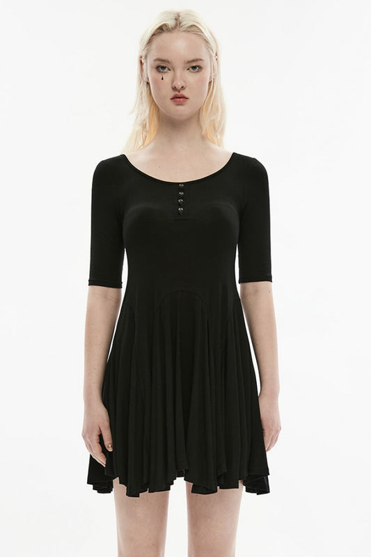 Ebony Crewneck Half-Sleeve Skull Single-Breasted Gothic Dress for Women