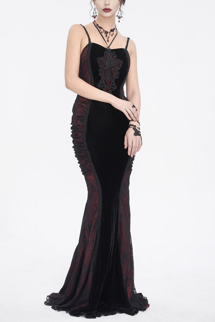 Crimson & Noir High-Waist Embroidered Gothic Dress with Elegant Stitching
