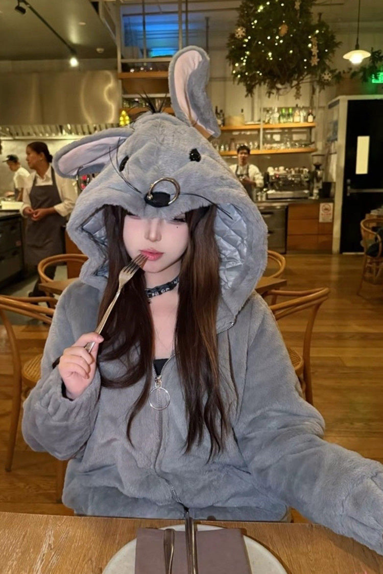 Grey Mouse Ears Tail Punk Japanese Plush Coat