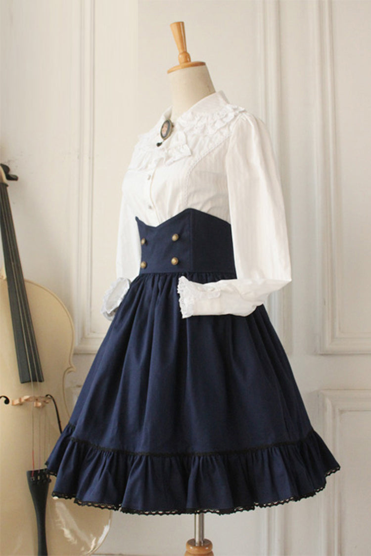 Dark Blue Vintage High-Waisted Fishbone Gothic College Skirt