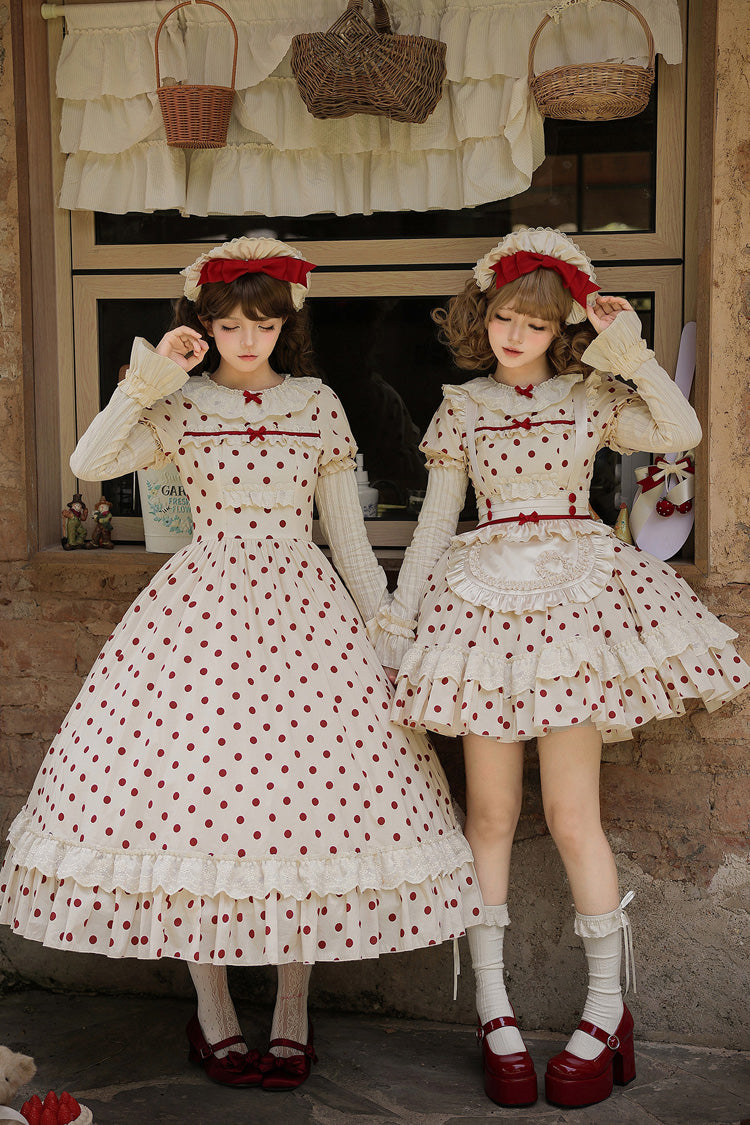 Apricot Sweet Elegant Lolita Dress with Cotton Round Collar Long Lantern Sleeves Polka Dot Print Ruffled Bow Lace
