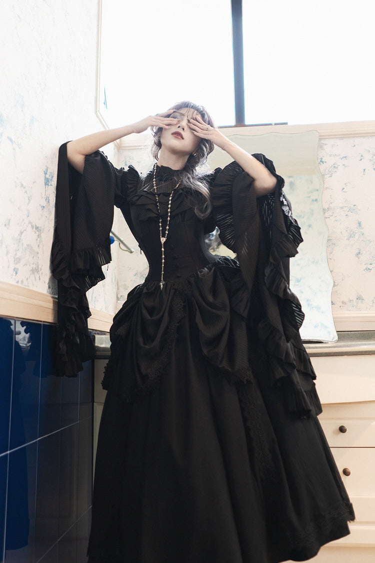 Black Sleepwalking Long Hime Sleeves Stitching Lace Plus Size Elegant Gothic Skirt Set
