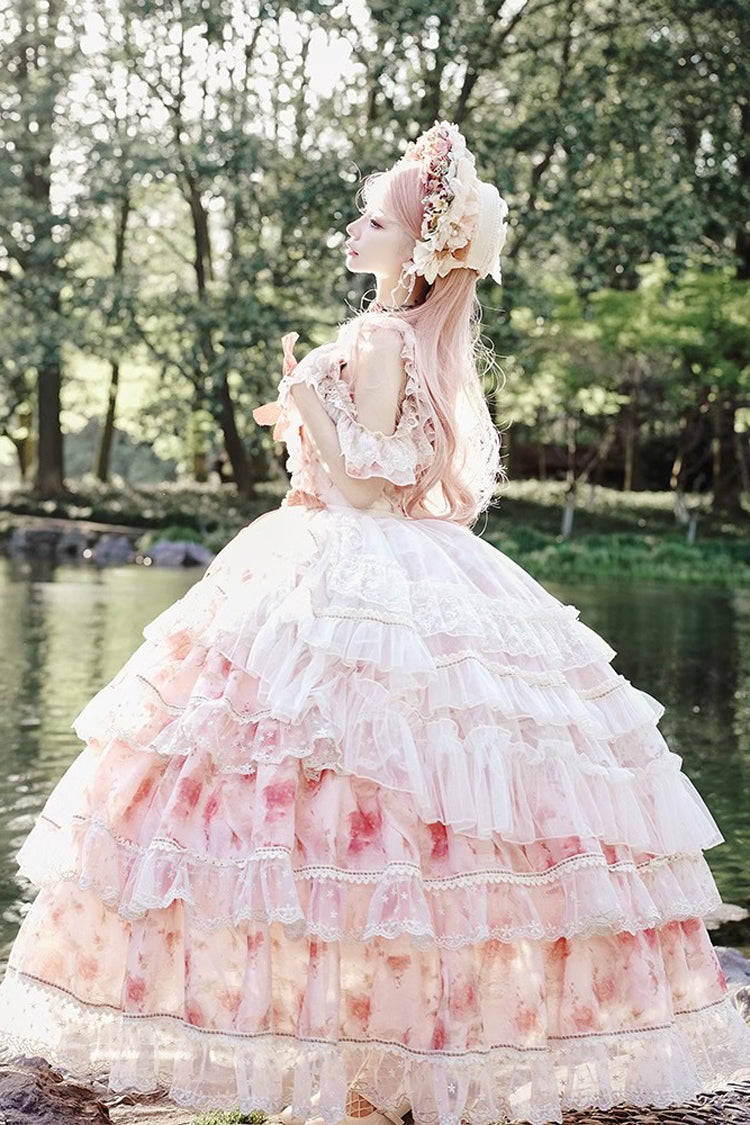 Pink Off-Shoulder Princess Dress with Rose Print and Ruffles