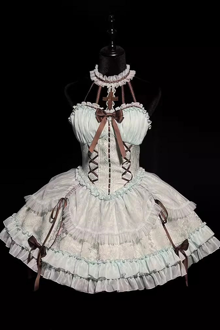 Mint Green Cross Halterneck Lace-Up Princess Sweet Lolita Dress - Ruffled Lace