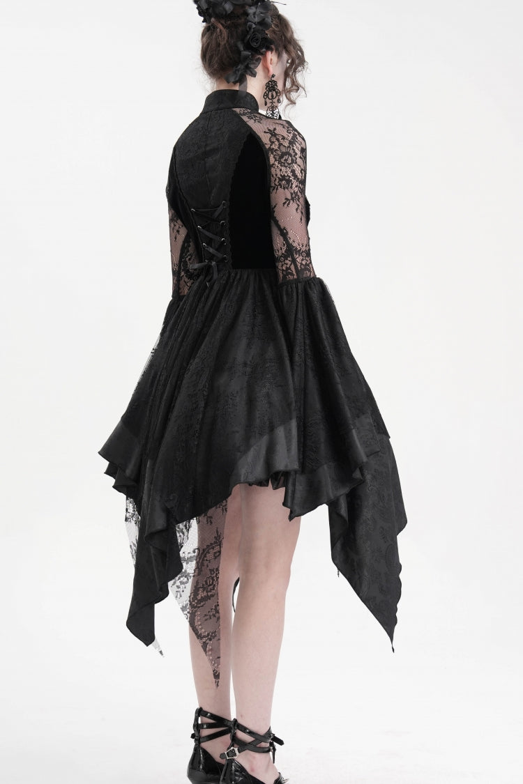 Black Long Sleeves Embroidery Lace Up Irregular Mesh Gothic Dress