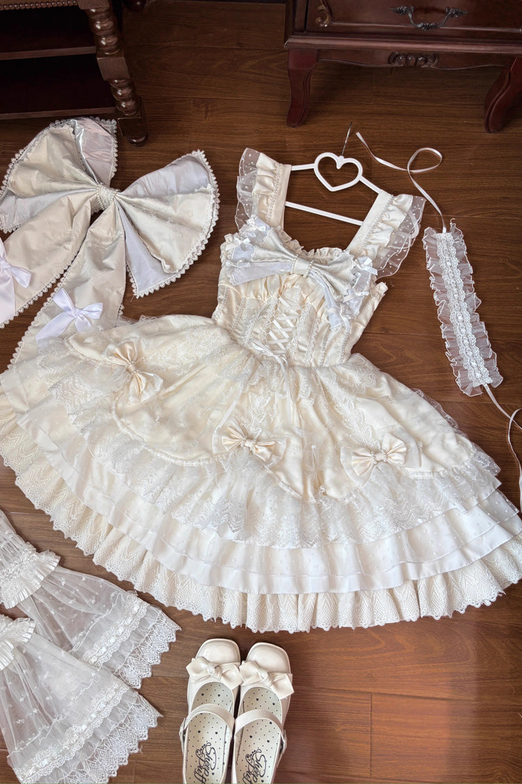 Ivory Sleeveless Triple Ruffled Embroidered Bow Lace-Up Pearl Plus Size Lolita JSK