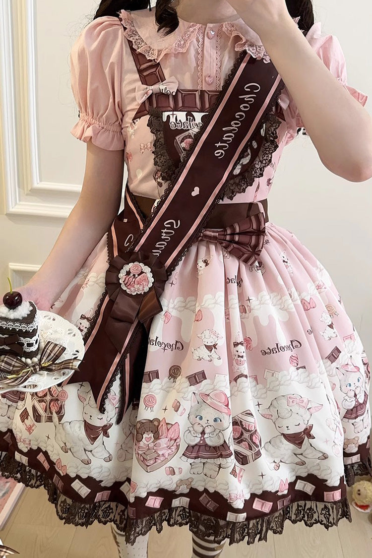 Chocolate Rosette Cat Printed Bow Stitching Lace Sweet Lolita JSK Dress