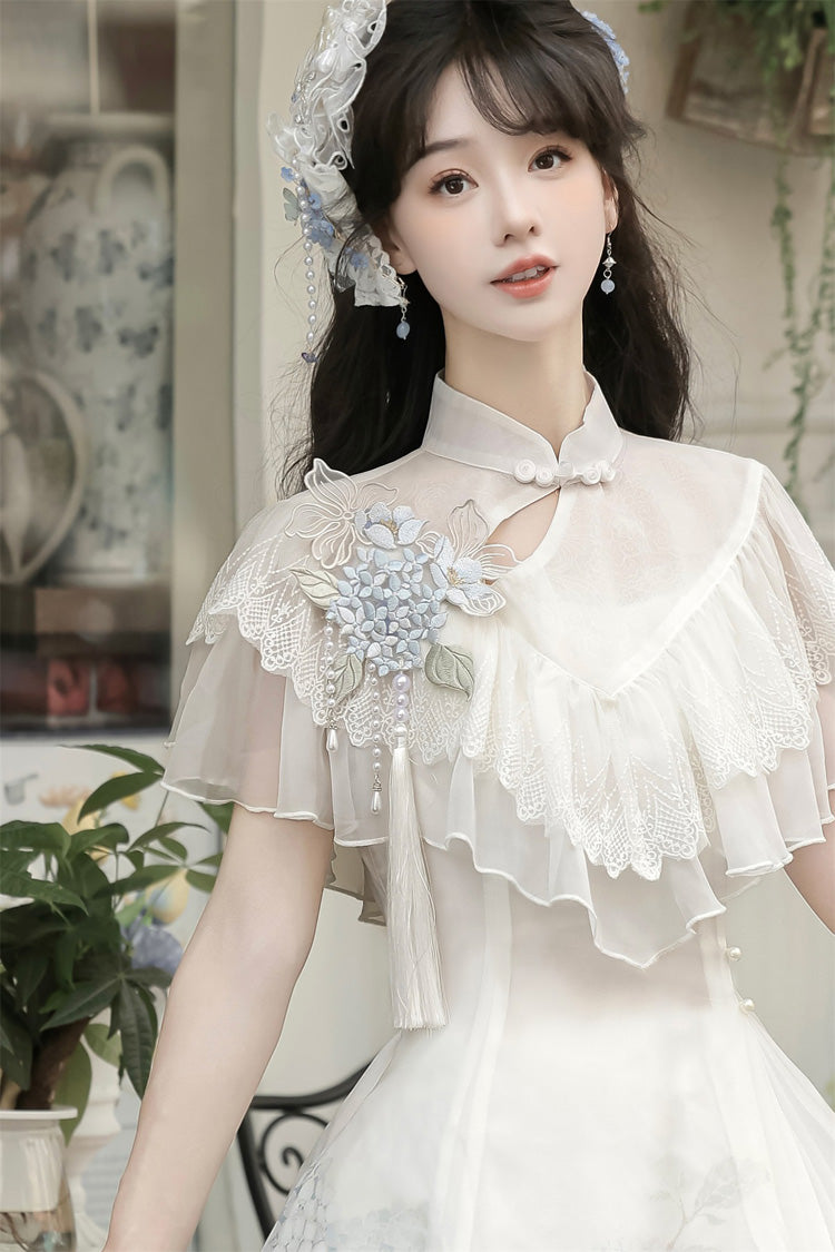Ivory Print Ruffle Lace Chinese Elegant Short Dress