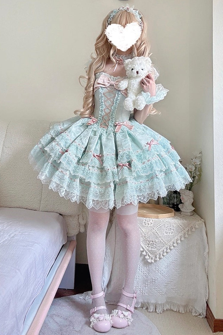 Green Sleeveless Ruffled Bow Lace-Up Sweet Elegant JSK - Flora Isle Butterfly