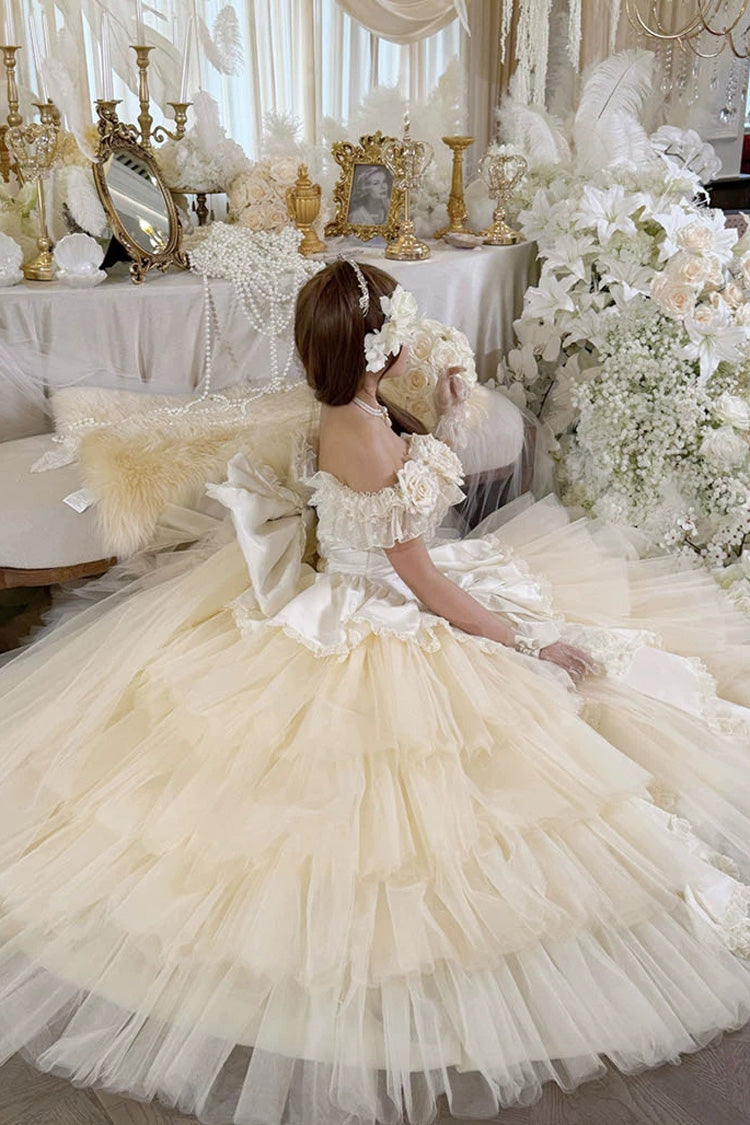 Apricot Sweet Lolita JSK Long Dress with Ruffled Hanayome Bow Lace-Up and Sleeveless Design