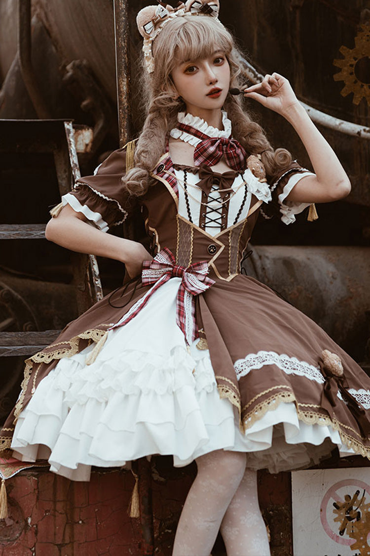 White/Brown Bear Print Gothic Dress with Ruffle Cardigan