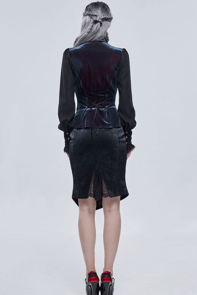 Gothic Turtleneck Shirt with Lantern Sleeves, Velvet Lace-Up, 3D Lace