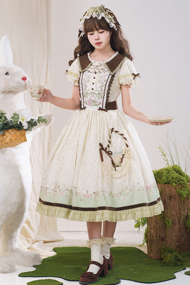 Green Ivory Lily Short Sleeve Print Ruffle Embroidery Bow Lace Sweet Dress
