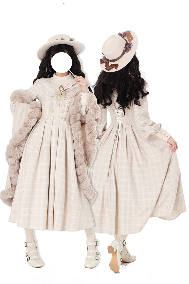 Apricot Elegant Sweet Lolita Dress with Long Sleeves Plaid Print and Bowknot Accents