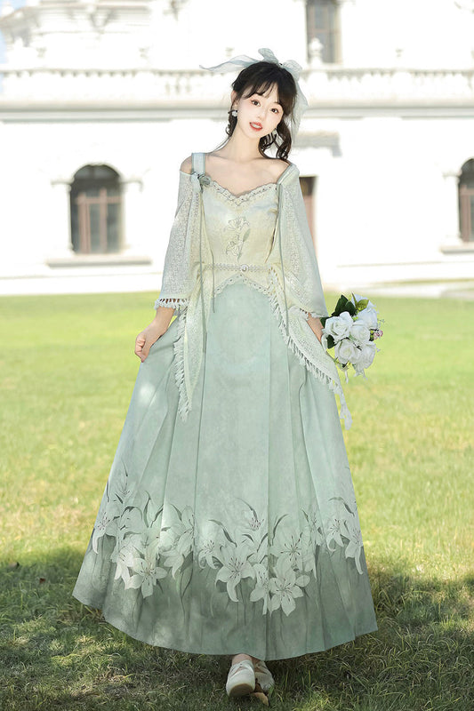 Jade Everyday Embroidered High-Waist Sweet Hanfu Dress Set