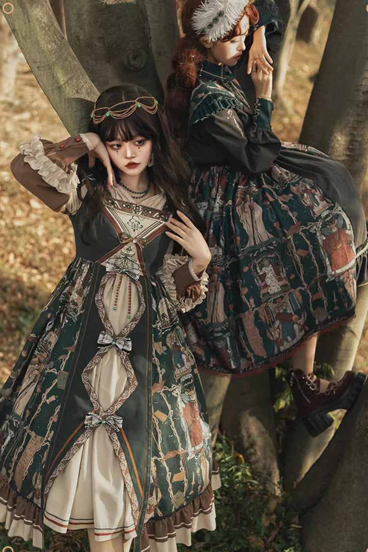 Tarot Print Puff-Sleeved Lolita Dress with Ruffles & Bow