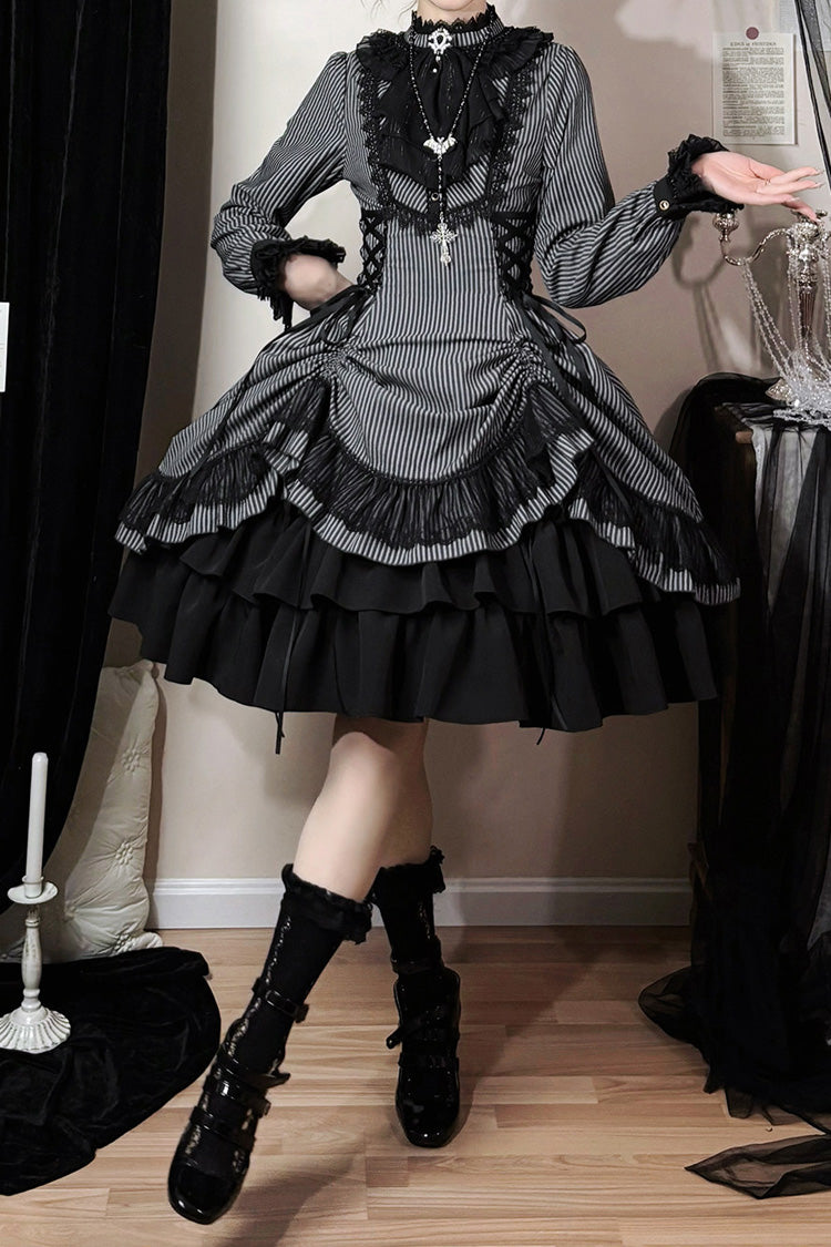 Point Manor Stand Collar Long Sleeves Multi-Layered Striped Printed Ruffled Lifted Hem Bow Gothic Lolita Dress - Black