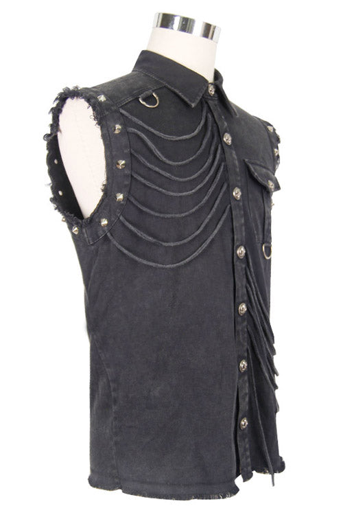 Sleeveless Punk Blouse with Frayed Hem for Men in Black
