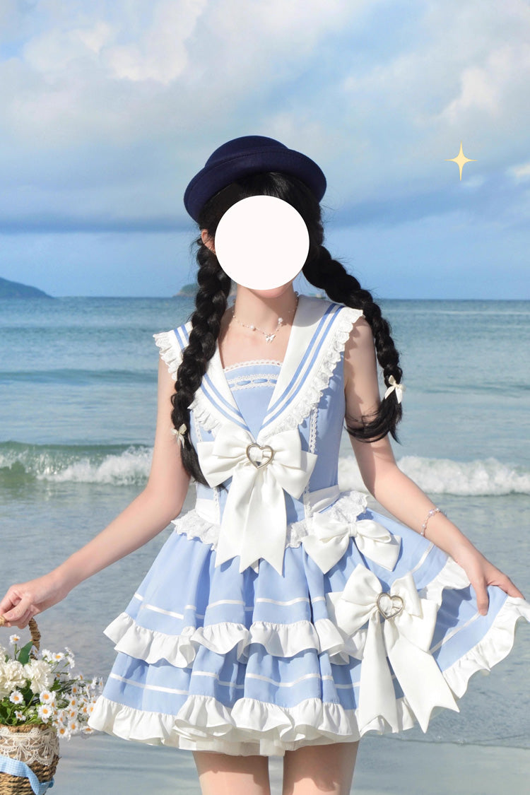 Light Blue Sleeveless Double Layer Lace Sweet Lolita Dress - Ruffled Bowknot
