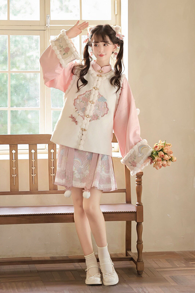 Ivory and Pink Miracle Pony Round Collar Long Sleeve High-Waist Printed Sweet Hanfu Dress Set