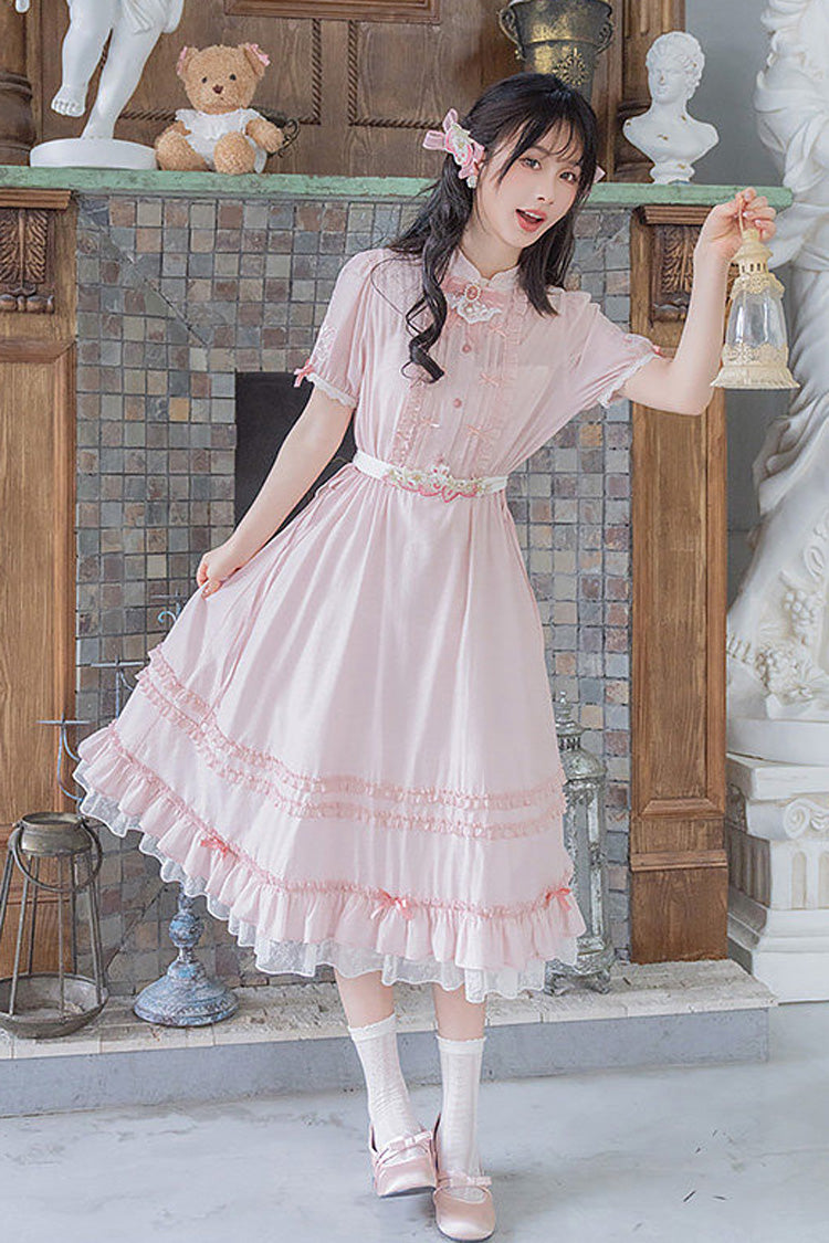 Blush Mandarin Collar Short Sleeve Ruffled Embroidered Lace Sweet Chinese Inspired Lolita Gown