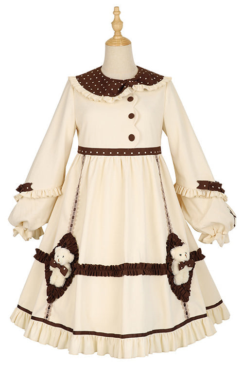 Cream OP Dress - Round Collar Lantern Sleeves Bear Sweet Lolita