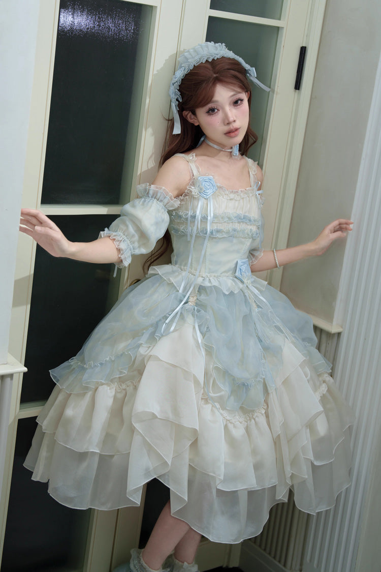 Goodnight Camellia Sleeveless Ombre Multi-Tiered Printed Ruffled Lace Fishbone Sweet Lolita Jumper Dress Three Colors