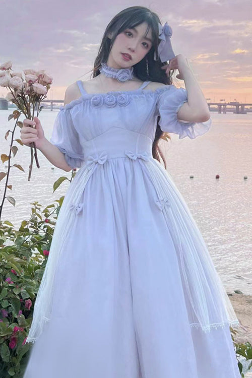 Boat Neck Bubble Short Sleeve Blossom-Adorned High-Waist Girly Lolita Dress