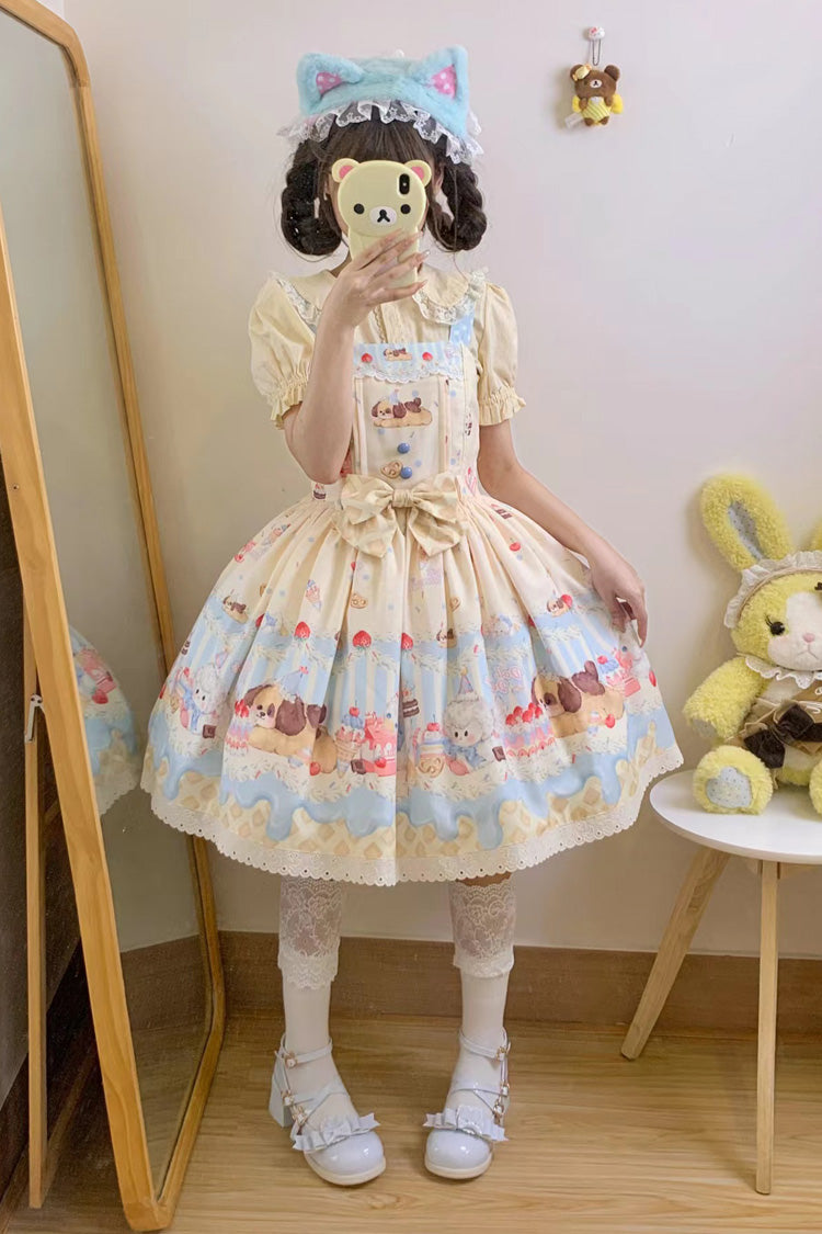 Cream Party Printed Bow Stitching Lace Sweet Lolita JSK Dress