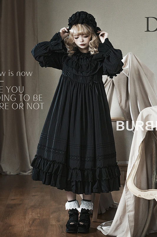 Good Night Black Long Sleeves Double-Layered Ruffle Bowknot Lace-Up Gothic Dress