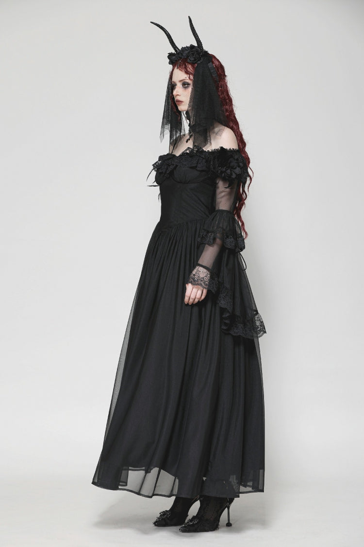 Elegant Gothic Off-Shoulder Tulle Gown with Lace Trim and Flared Sleeves