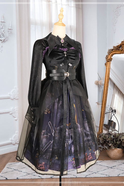 Ebony JSK Dress - Witch Town Print Gothic with Veil