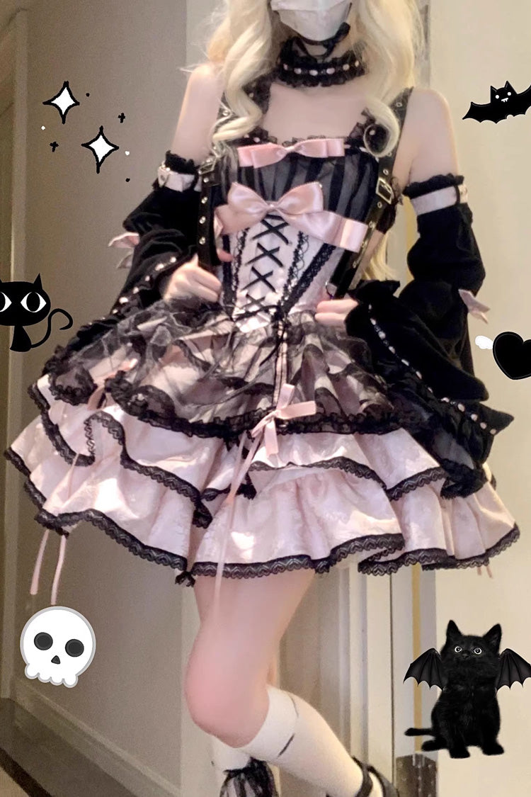 Black Pink Sleeveless Multi-Layer Ruffled Lace-Up Gothic Jsk Dress