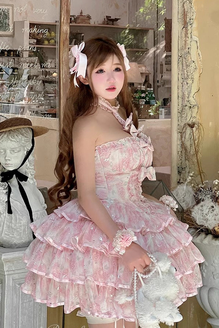 Pink Halterneck Sleeveless Multi Layer Bow Sweet Tiered Dress - Broken Silver Rose