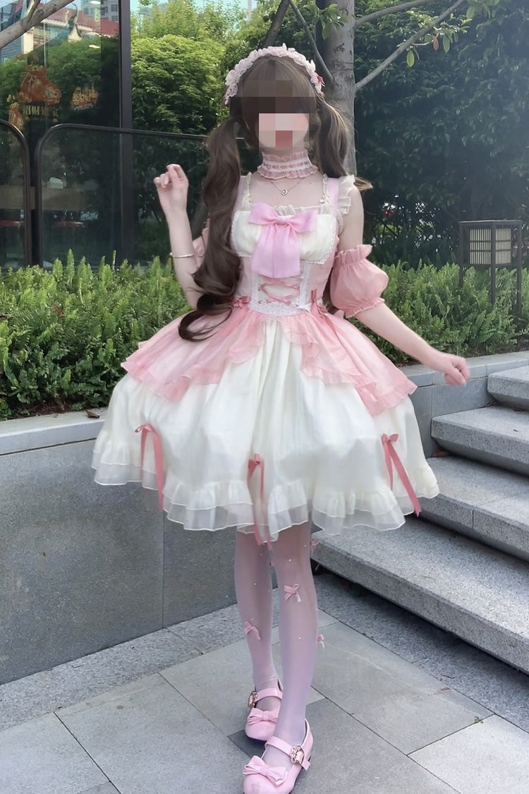 Ivory and Pink Sakura Bow Sleeveless Double-Layer Ruffled Bow Sweet Princess Lolita JSK