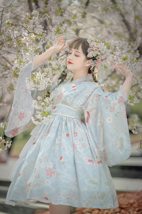 Cherry Blossom Print Trumpet Sleeve Ruffled Lace Sweet Lolita OP Dress