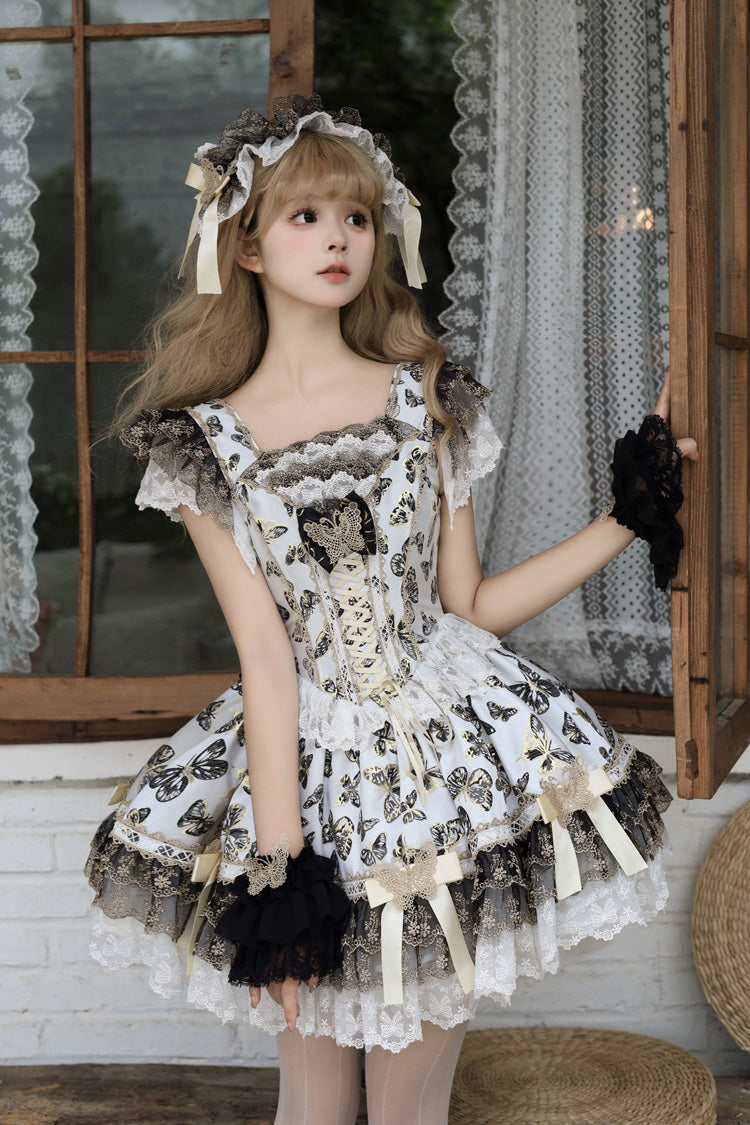 Cream Sleeveless Print Ruffle Bowknot Lace-Up Sweet Princess JSK Dress Set