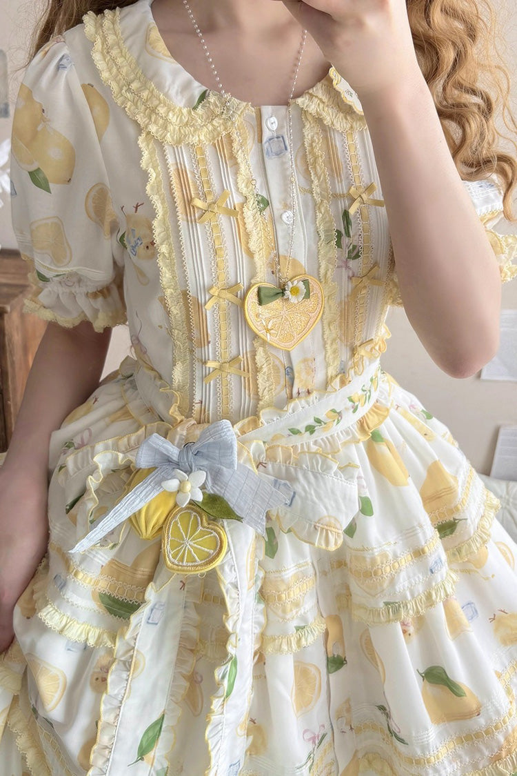 Ivory Triple-Layered Print Ruffle Bow Lace Gorgeous Dress