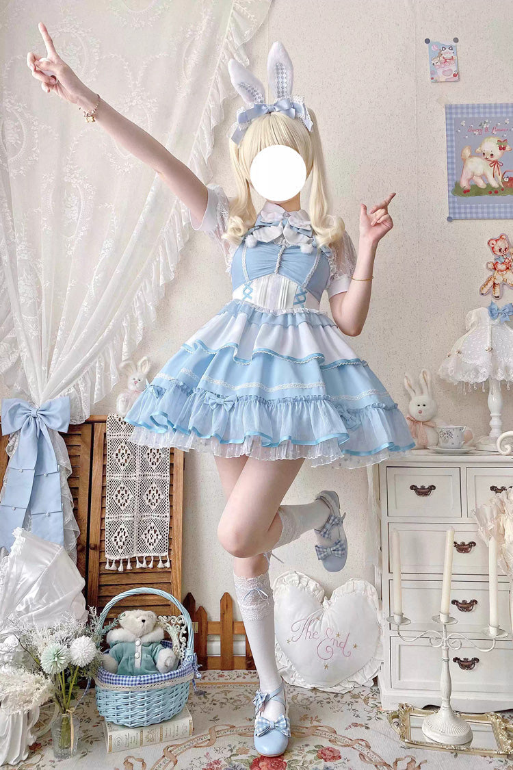 Blue/White Cotton Cloud Lapel Collar Ruffle Ribbon Lace-Up Girly Lolita JSK Dress