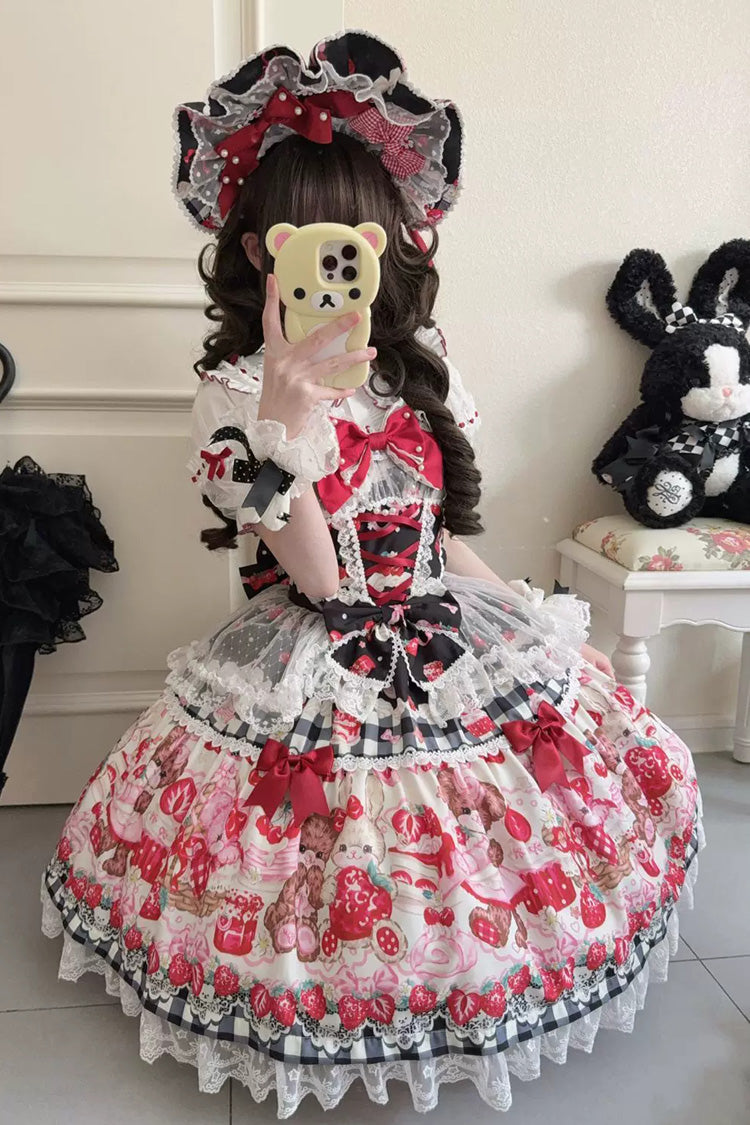 Red/Black Sweet Lolita JSK Dress Printed Bow Lace Lace-Up - Sweet Berry Bunny Bear
