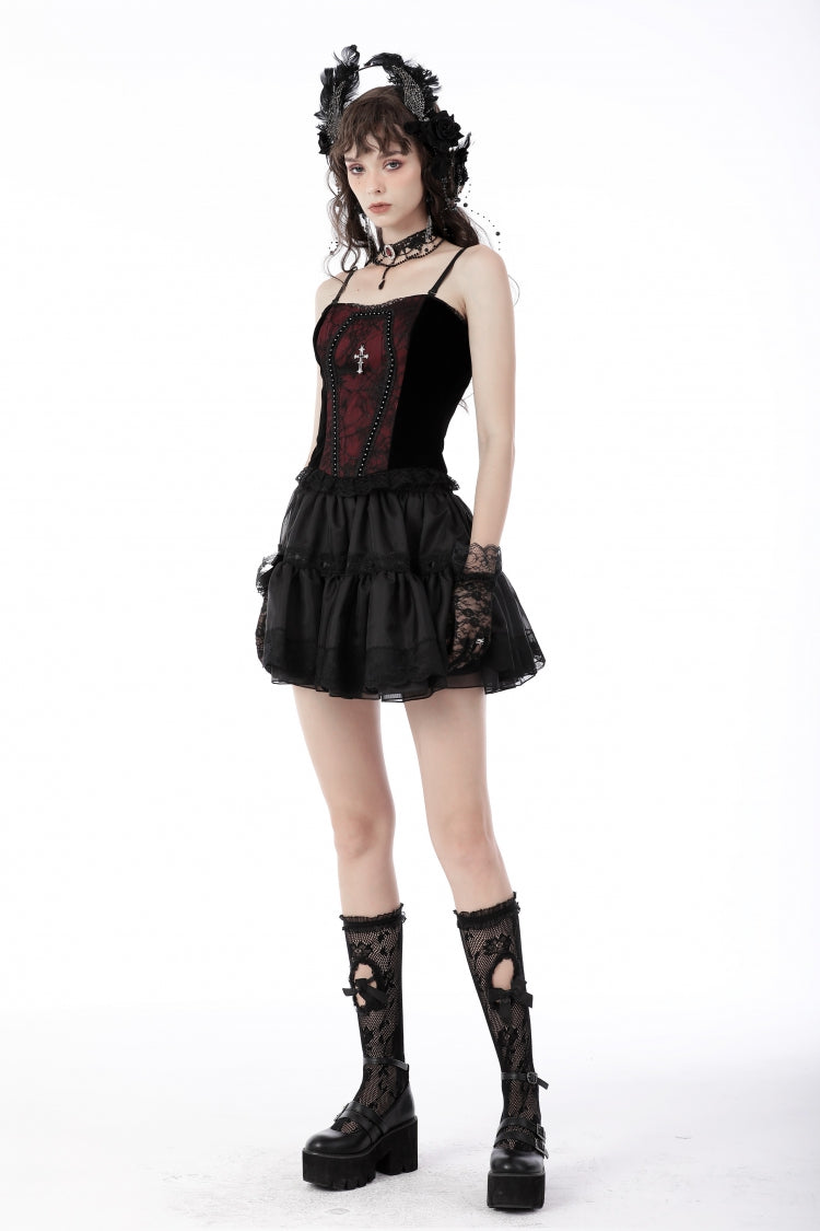 Dark Red Cross-Strap Jacquard Gothic Overbust Corset