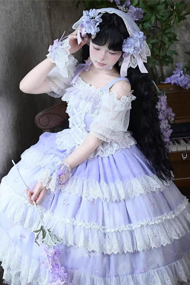 Violet Lavender Sleeveless Multi Printed Ruffled Bow Lace-Up JSK Set