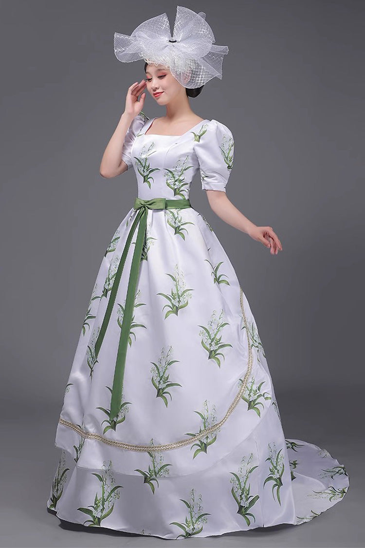 White Green Printed Victorian Dress - Sweet Vintage Court
