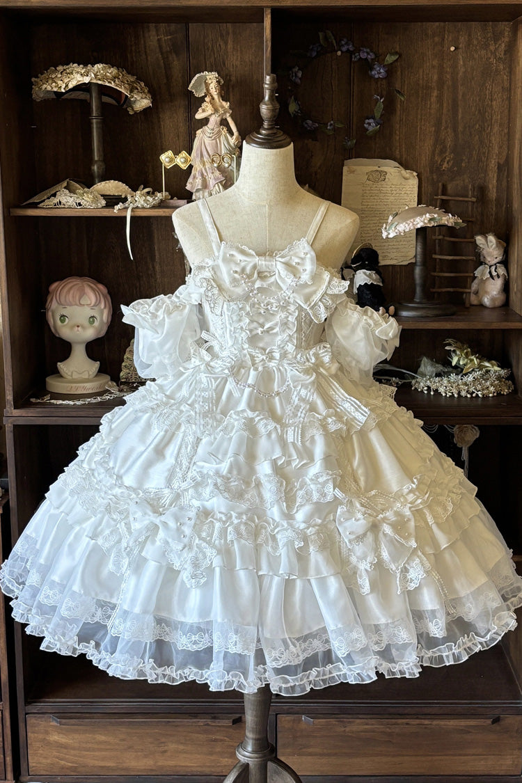 Ivory Off-Shoulder Short Sleeve Layered Dress with Bows - Spring Cherry Snowfall