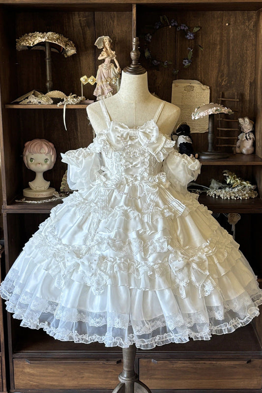 Ivory Off-Shoulder Short Sleeve Layered Dress with Bows - Spring Cherry Snowfall