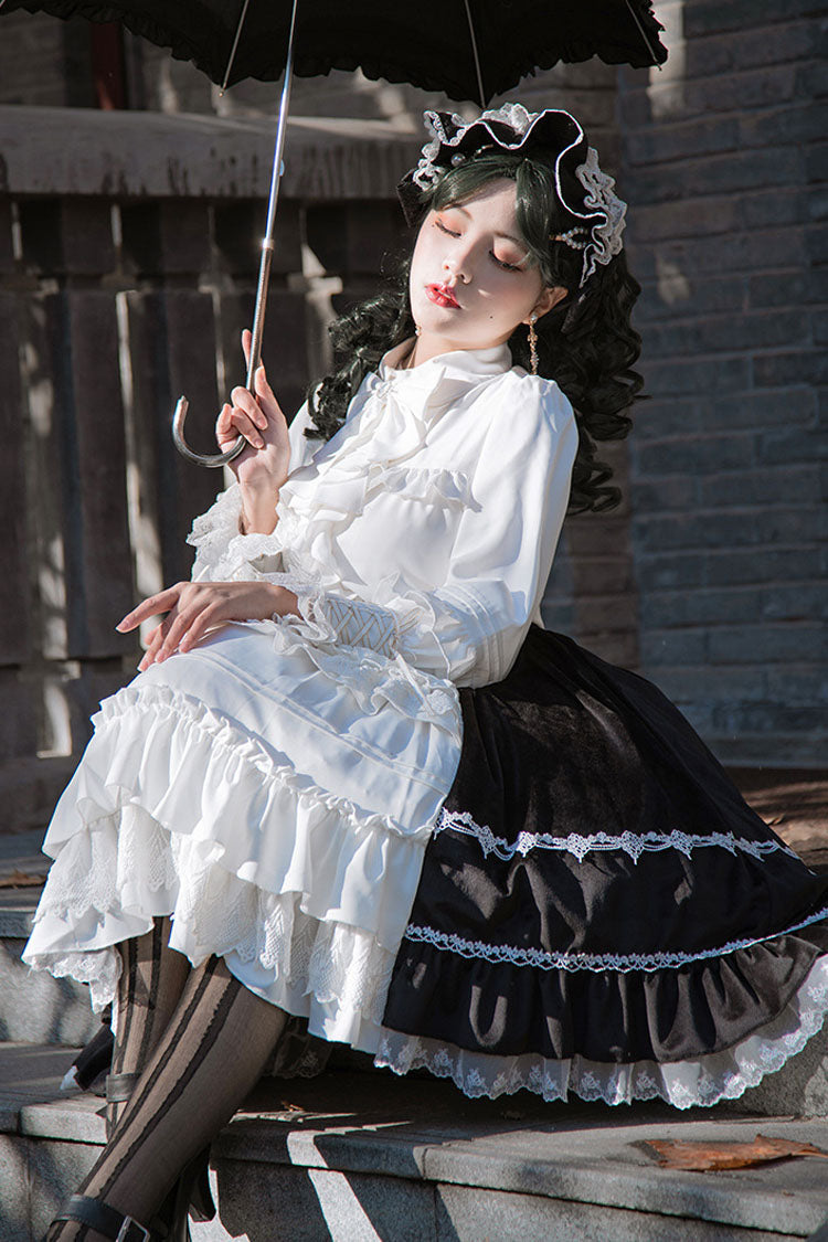 White/Black Gothic Lolita Skirt Dress Stitching Cardigan Ruffled - Altfashion Shop