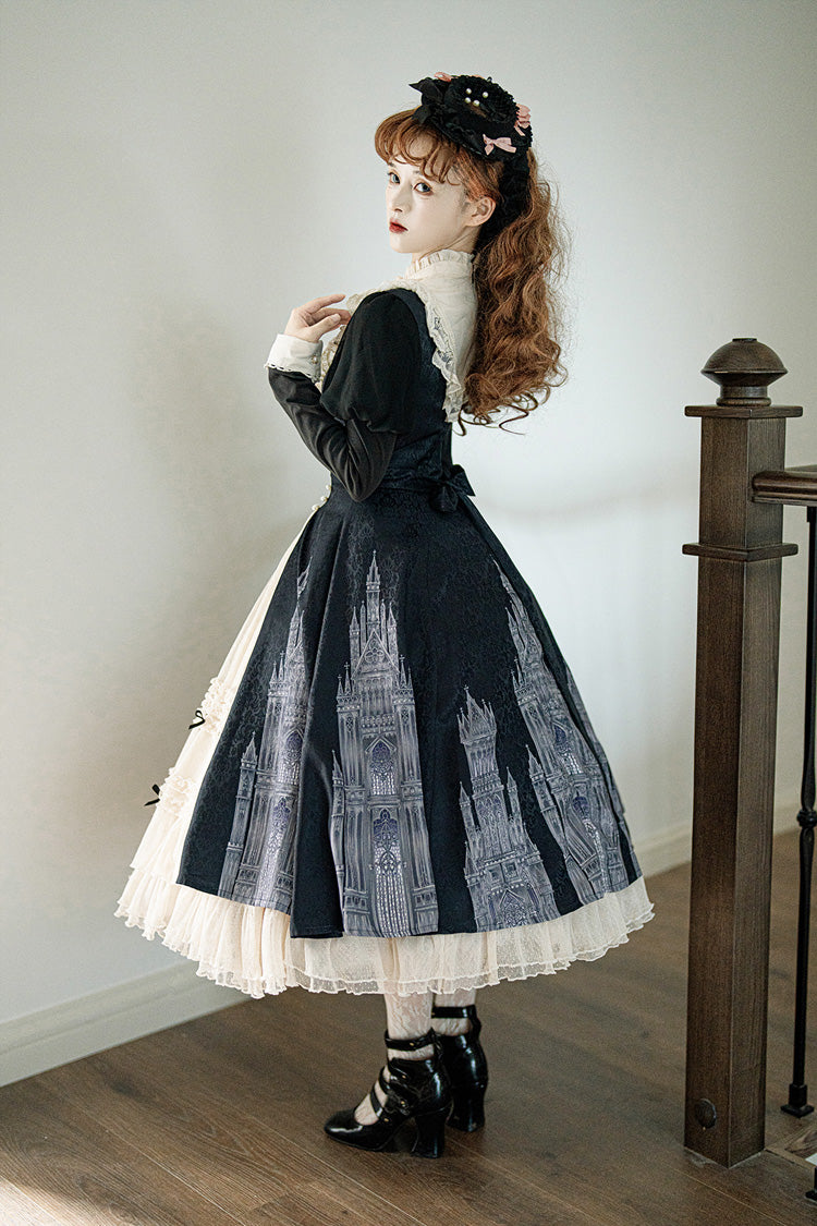 Black & White Church Bells Printed Ruffled Cardigan Bow Elegant Gothic Lolita Dress